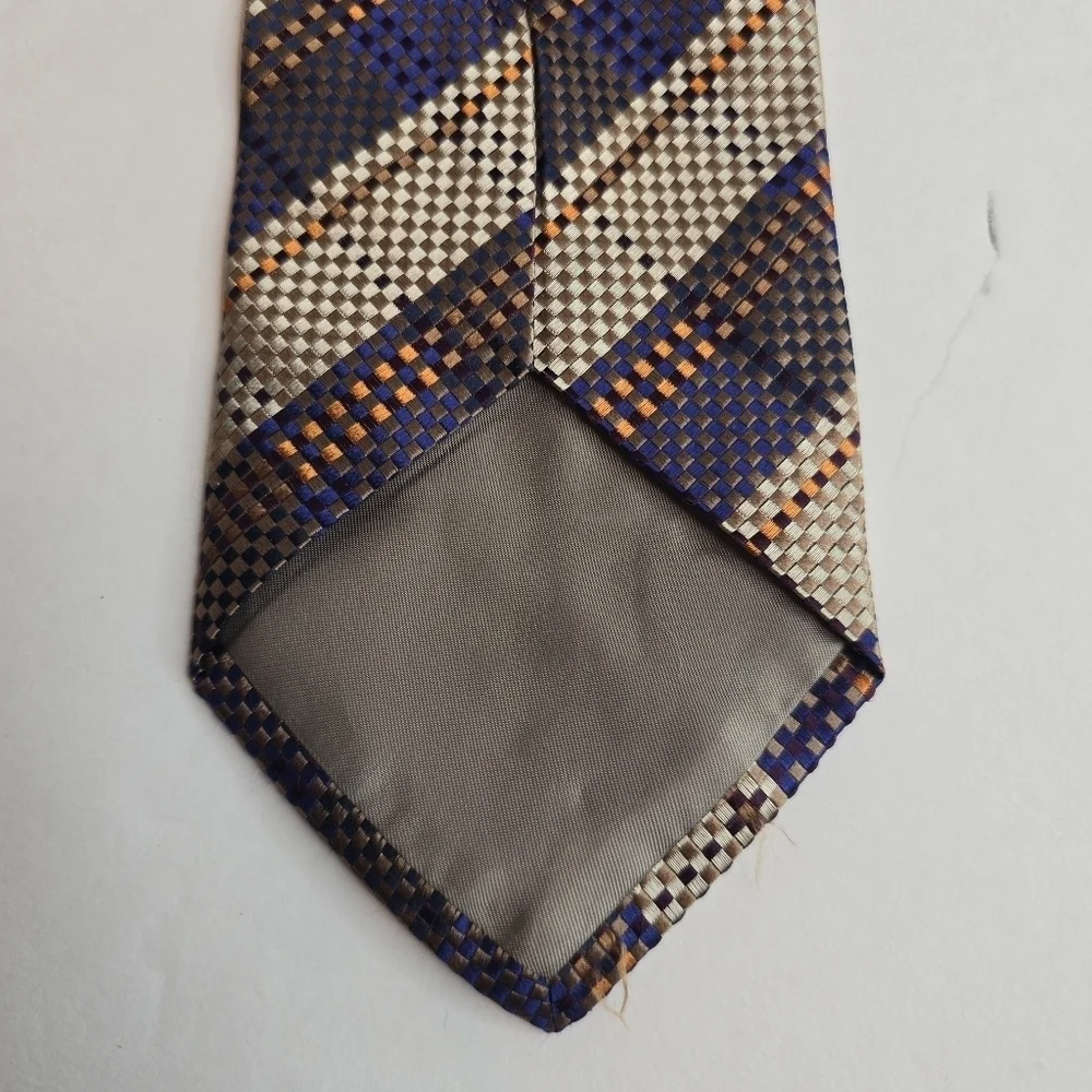 RODA Silk Men's Repp Tie Woven Striped Handmade In Italy Tan Blue 61
